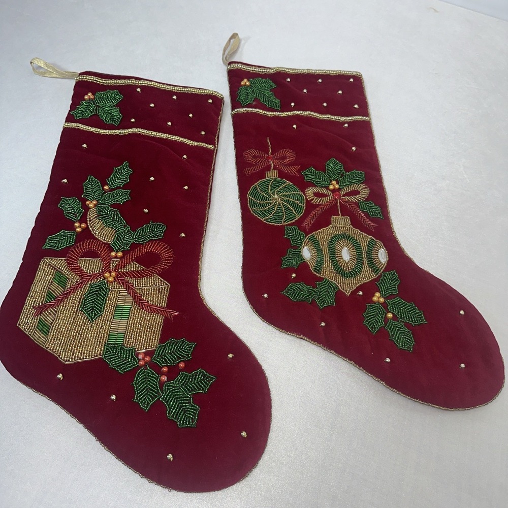 Vtg 2 Dandee Christmas Stocking Beaded Ornament Velvety Maroon Holly Bow Present